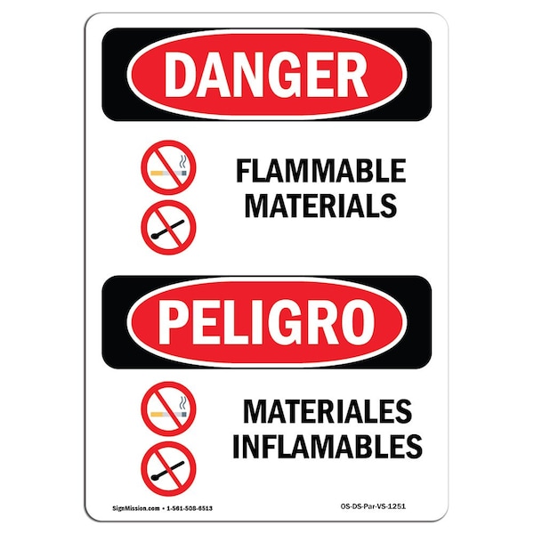 Safety Sign, OSHA Danger, 5" Height, Flammable Materials Bilingual Spanish, 10PK